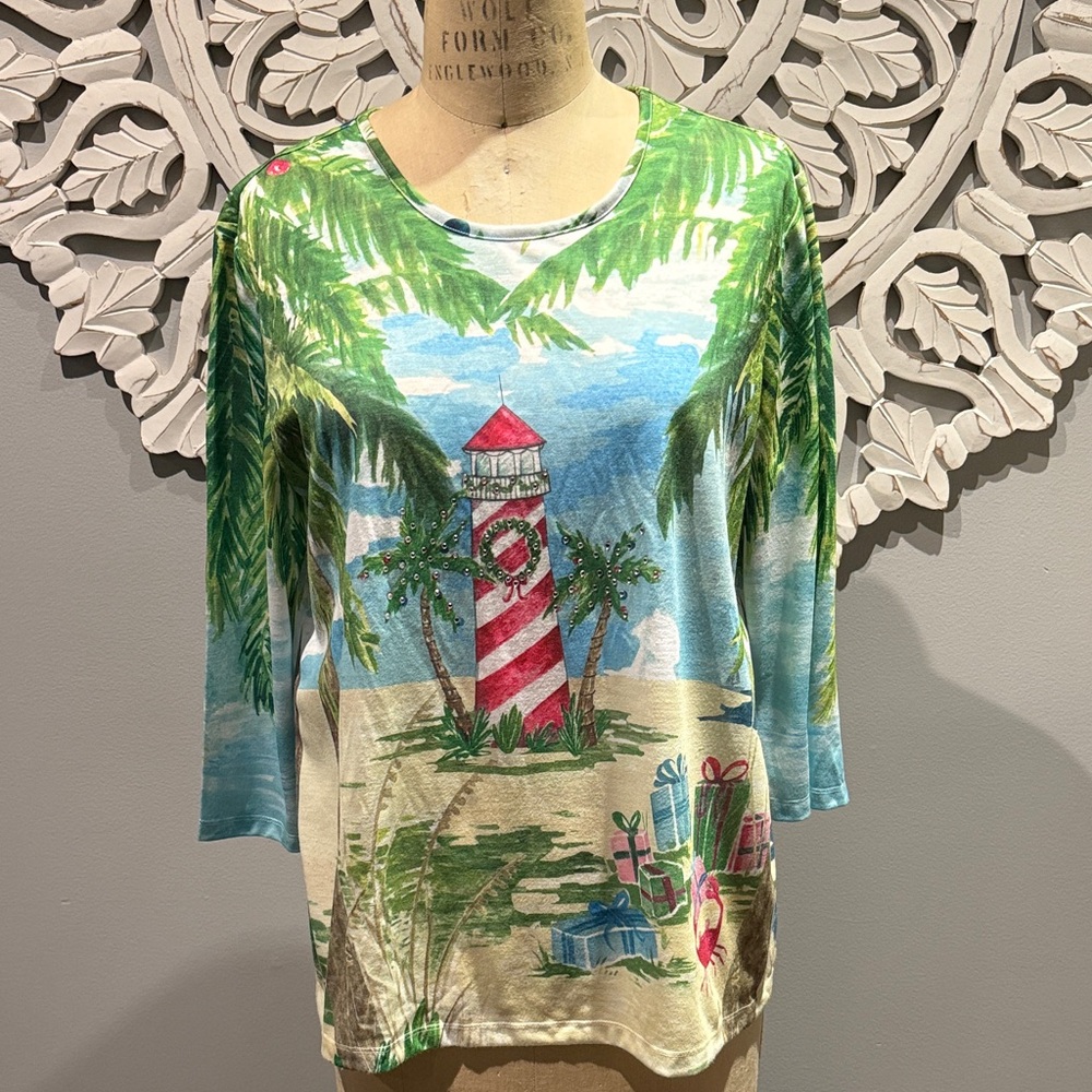 Vintage Coral Bay Christmas Lighthouse Tropical Print Women's Top XL excellent